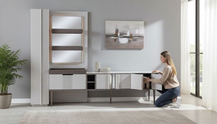 Exklusive Wohnwand Weiße Farbe Designer Möbel für Wohnzimmer LED beleuchtet