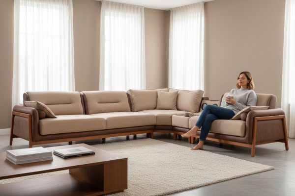 Luxus Ecksofa L-Form Beige Wohnzimmer Möbel Couch Multifunktion Couchen Modern