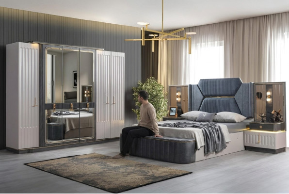 Schlafzimmer Set Bett 2x Nachttische Kleiderschrank 4tlg Design Schrank