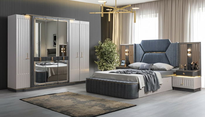 Schlafzimmer Set Bett 2x Nachttische Kleiderschrank 4tlg Design Schrank