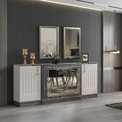 Modernes Sideboard mit 2x Spiegeln Designer Wohnzimmer Möbel Holz Kommode