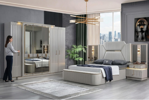 Designer Möbel 4tlg. Schlafzimmer Set Bett 2x Nachttisch Kleiderschrank Neu