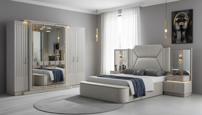 Designer Möbel 4tlg. Schlafzimmer Set Bett 2x Nachttisch Kleiderschrank Neu