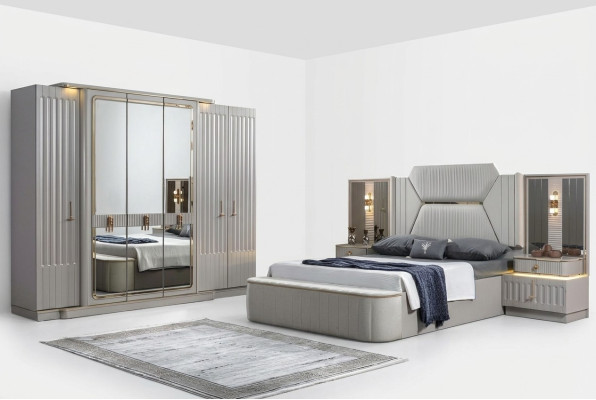 Designer Möbel 4tlg. Schlafzimmer Set Bett 2x Nachttisch Kleiderschrank Neu