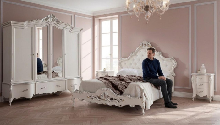 Weißes Schlafzimmer Set Klassisches Bett 2x Nachttische Kleiderschrank