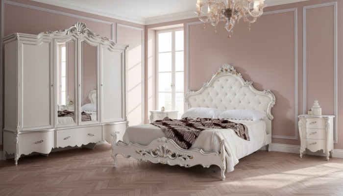 Weißes Schlafzimmer Set Klassisches Bett 2x Nachttische Kleiderschrank
