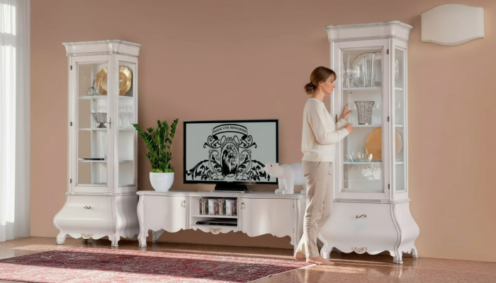 Weiße Luxus Wohnzimmer Wohnwand Möbel 2x Vitrinen TV-Ständer Klassisch