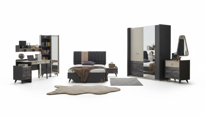 Luxuriöses graues Schlafzimmer Set Jugendzimmer Kinderzimmer 7tlg Bett