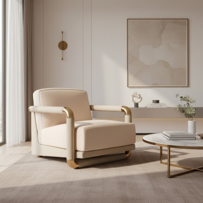 Stilvolle Sessel Beige Sessel Fernseh Couch 1 Sitzer Sofa Textil Stoff