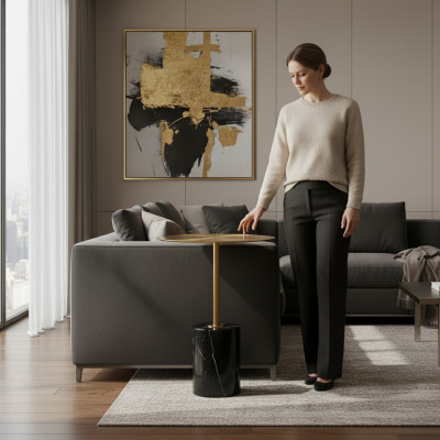 Runder Schwarz-Goldener Beistelltisch Designer Wohnzimmer Möbel Tische