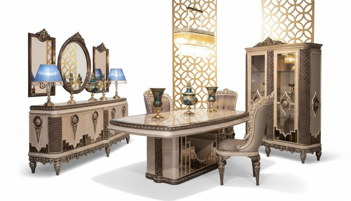 Klassischer Tauper Esszimmer Set Luxus Garnitur Esstisch Stühle Kommode