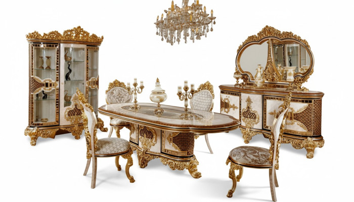 Luxuriöses Esszimmer Set Weiß-Gold Esstisch 4x Stühle Kommode 6tlg Möbel