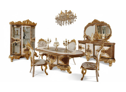 Luxuriöses Esszimmer Set Weiß-Gold Esstisch 4x Stühle Kommode 6tlg Möbel