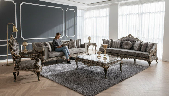 Klassische Graue Chesterfield Sofagarnitur 3+3+1 Sitzer Couchtisch 4tlg