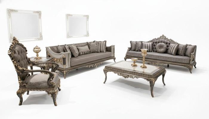 Klassische Graue Chesterfield Sofagarnitur 3+3+1 Sitzer Couchtisch 4tlg