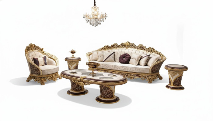 Weiß-Goldene Sofagarnitur Chesterfield 3+1 Sitzer Couchtisch Set 3tlg Sofa