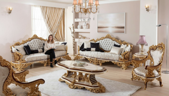 Weiß-Goldene Chesterfield Sofagarnitur 3+3+1 Sitzer Couch Sessel 3tlg
