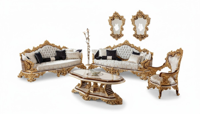 Weiß-Goldene Chesterfield Sofagarnitur 3+3+1 Sitzer Couch Sessel 3tlg