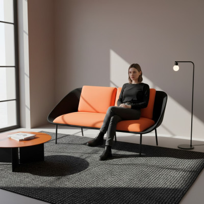 Schwarz-Oranger 2-Sitzer Arbeitszimmer Polster Modern Couch Textil Sofas