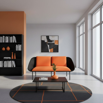 Schwarz-Oranger 2-Sitzer Arbeitszimmer Polster Modern Couch Textil Sofas