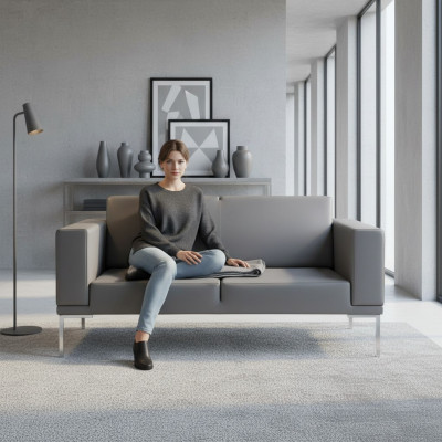 Grauer Büro Stil 2-Sitzer Designer Polstersofa Kunstleder Couchen 2-er
