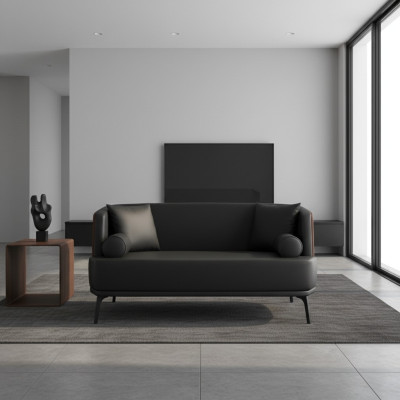 Schwarzer Wohnzimmer 2-Sitzer Polster Kunstleder Sofa 2-er Leder Couch