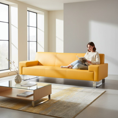 Oranger 3-Sitzer Polster Sofa Leder Couch Dreisitzer Wohnzimmer Sofa