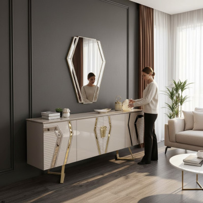 Luxus Weiß-Goldene Kommode mit Spiegel Designer Sideboard Holzmöbel