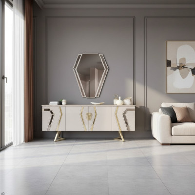 Luxus Weiß-Goldene Kommode mit Spiegel Designer Sideboard Holzmöbel