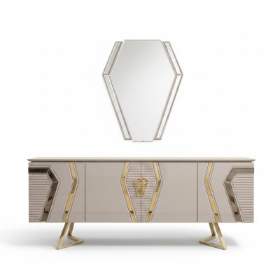 Luxus Weiß-Goldene Kommode mit Spiegel Designer Sideboard Holzmöbel