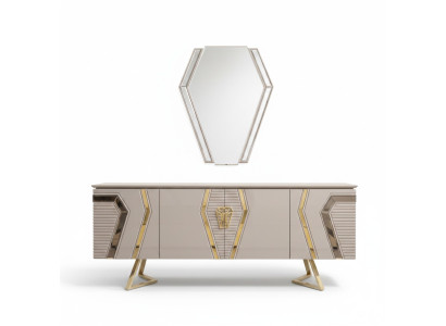 Luxus Weiß-Goldene Kommode mit Spiegel Designer Sideboard Holzmöbel