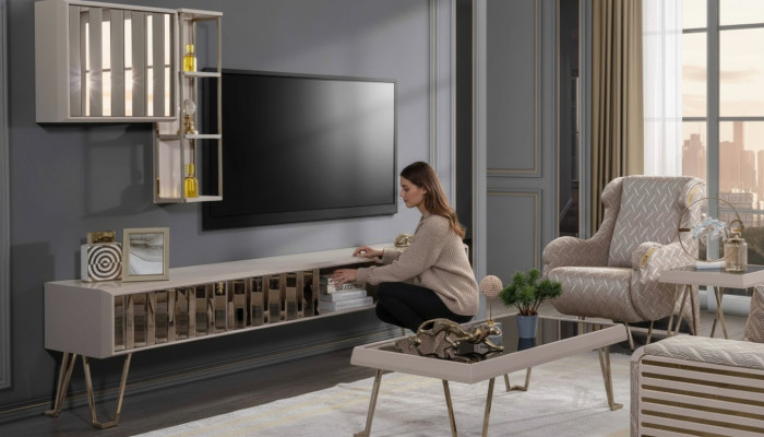 TV Ständer RTV Wandregale Couchtisch Beige Metall Modern Wohnzimmer Set 3tlg
