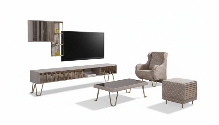 TV Ständer RTV Wandregale Couchtisch Beige Metall Modern Wohnzimmer Set 3tlg