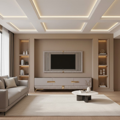 Wohnwänd Wand Holz Modern Stil Regal Wohnzimmer Möbel Schrank RTV mit TV Rahmen