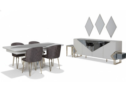Luxuriöse Esszimmer Garnitur Designer Esstisch x4 Stühle Kommode Spiegel