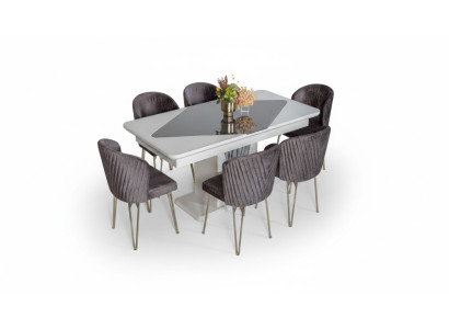 Designer Weißer Esstisch x6 Dunkel-Lila Textil Stühle Esszimmer Garnitur