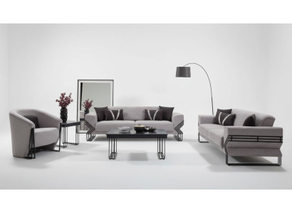 Hellgraue Sofagarnitur Moderne x2 Polstersofas Designer Sessel Tische