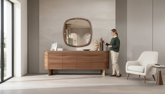 Moderne Braune Kommode 4-türiges Sideboard Designer Anrichte Spiegel