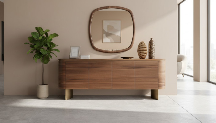 Moderne Braune Kommode 4-türiges Sideboard Designer Anrichte Spiegel