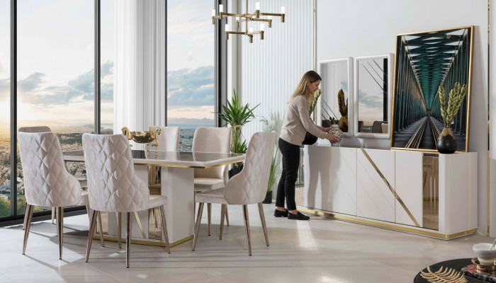 Beige Edelstahl Esszimmer Garnitur Designer Esstisch x6 Stühle Kommode