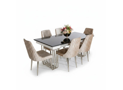 Schwarz-Weißer Esszimmer Glastisch Designer Textilstühle Esszimmermöbel