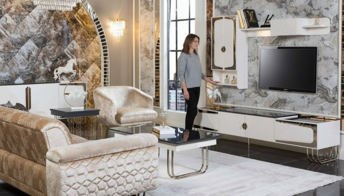 Exklusiver Edelstahl TV-Schrank Designer Wandregal Luxus Wohnzimmer Set