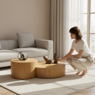 Hellbrauner Couchtisch 2x Rundtische Designеr Kaffeetisch Beistelltisch