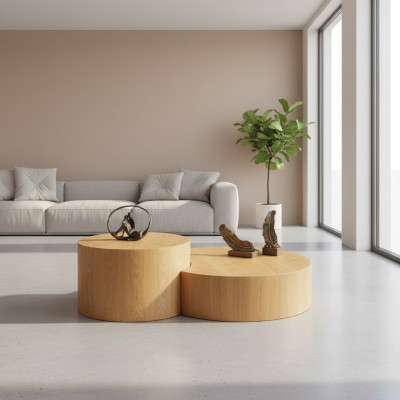 Hellbrauner Couchtisch 2x Rundtische Designеr Kaffeetisch Beistelltisch