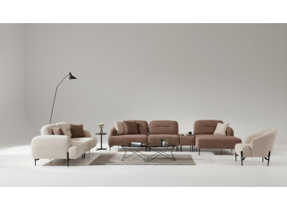 Moderne Braun-Weiße Sofagarnitur 3 Sitzer Stoffsessel L-Form Ecksofa