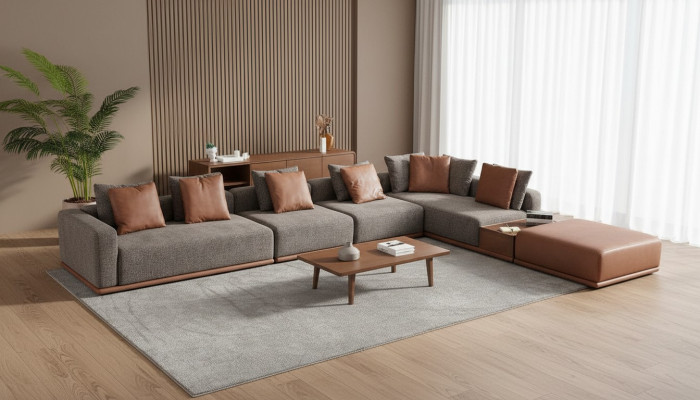 Graue Wohnzimmer Sitz Wohnlandschaft Eckgarnitur Designer Stoffsofa