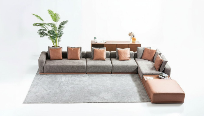Graue Wohnzimmer Sitz Wohnlandschaft Eckgarnitur Designer Stoffsofa
