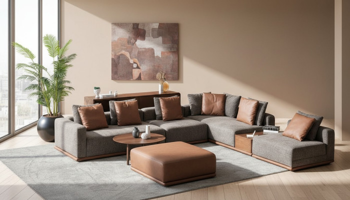 Designer Graue L-Form Couch Wohnzimmer Eck Wohnlandschaft Hocker 2tlg