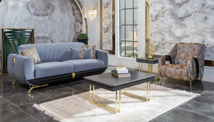  Moderne Polster Wohnzimmer Möbel Designer Blauer Dreisitzer Sessel 4tlg