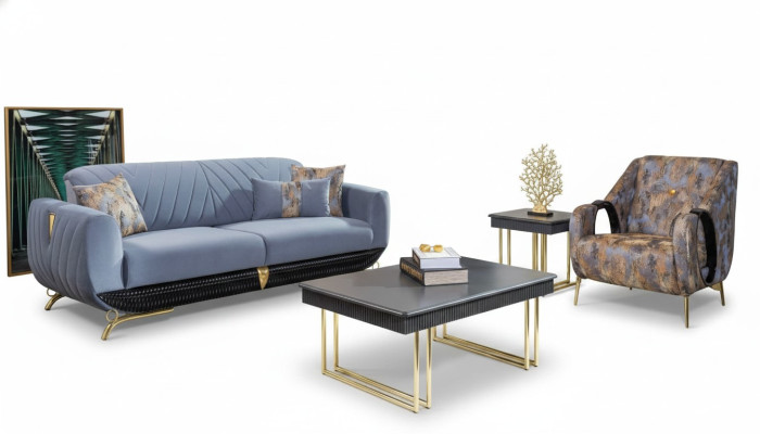  Moderne Polster Wohnzimmer Möbel Designer Blauer Dreisitzer Sessel 4tlg